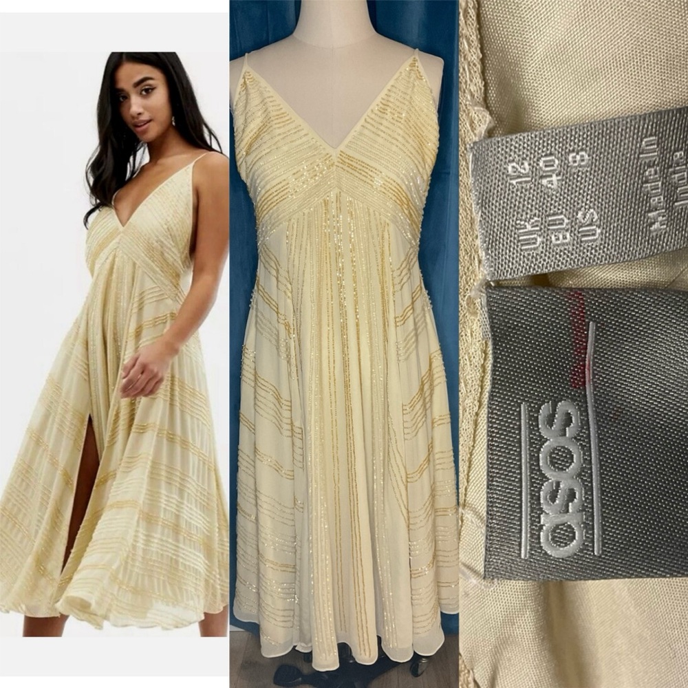 ASOS Ivory Sequined Beaded Backless Cami Midi Dress Size 8